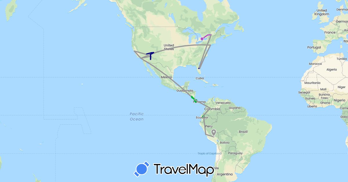 TravelMap itinerary: driving, bus, plane, train in Canada, Colombia, Costa Rica, Ecuador, Nicaragua, Peru, United States (North America, South America)